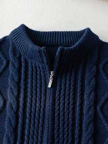 Girls' European Style Solid Color Argyle Short Knit Cardigan Sweater, Twisted Rope Knit, Long Sleeve, Suitable For School, Daily Casual, Spring, Autumn, Winter - Navy Blue - View 8