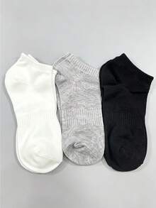 3 Pairs Solid Color Ribbed Short Leg Warmers Set, Basic Black White Grey Soft Cotton Low-Cut Casual Leg Warmers, Suitable For Boys And Girls Daily Wear - Multicolor - View 11