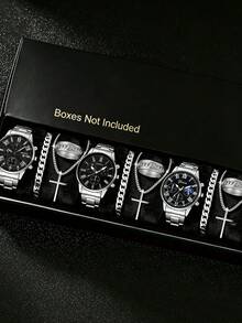 12pcs Men's Luxury Watch Accessory Set, Men's Quartz Watch With Multiple Dial Options, Paired With Rings, Necklaces And Bracelets, Rugged Men's Hand Accessories. Suitable For National Day, Business Travel, Party Gatherings, Back To School, Christmas, Thanksgiving And Other Occasions, Cool And Atmospheric, Can Be Used As Holiday Gifts, Excellent Gift Choice For Boyfriend. - Silver - View 7