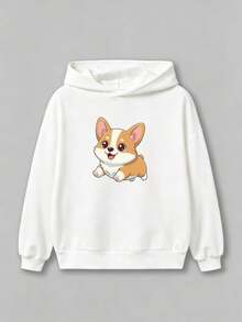 1pc Girls' Long-Sleeve Pullover Hoodie In White, Cute Running Corgi Cartoon Print Sweatshirt, Everyday Wear For Girls - Festive Gift - White - View 2