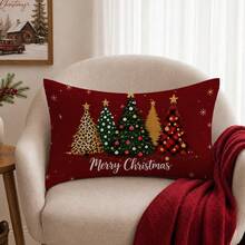 1pc Christmas Red Christmas Tree Merry Christmas Illustration Pattern Cushion Cover, Single-Sided Printed Peach Skin Velvet Material, 30*50/40*60CM Pillowcase Suitable For Room Decoration, Modern Minimalist Sofa Living Room Decoration, Party Decoration, Gift Giving - Multicolor - View 6