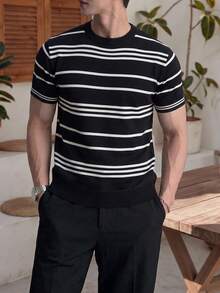 ALTZTAR Men's Nautical Striped Knit Crew Neck Short Sleeve Pullover T-Shirt, Casual Business Slim Fit - Black - View 4