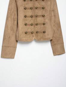THREADLY Autumn New Women's European And American Style Fashion Minimalist Versatile Long Sleeve Knot Button Suede Texture Jacket - Brown - View 7