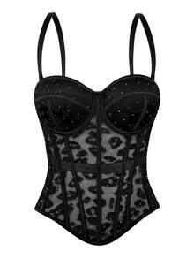 Fashion Fantasy Lace Corset Mesh Bustier Shining Rhinestones Crop Top Sexy Camisole Daily Outfit Black Summer Party Festival Top - Black - View 1