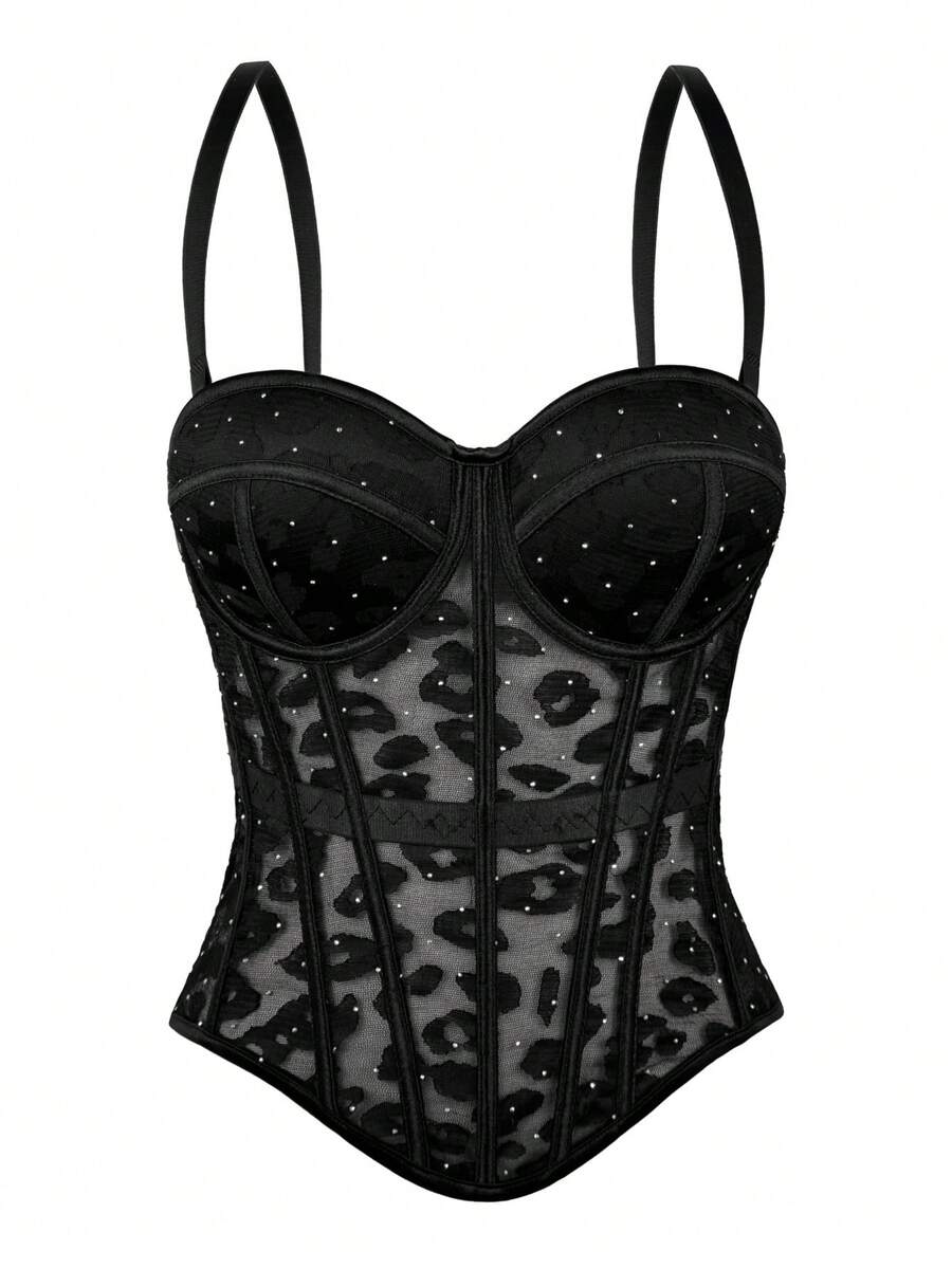 Fashion Fantasy Lace Corset Mesh Bustier Shining Rhinestones Crop Top Sexy Camisole Daily Outfit Black Summer Party Festival Top - Black - View 1