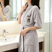 Cartoon Embroidered Short Sleeve Bathrobe For Women, Absorbent Quick-Dry Towel Material Wearable Bath Towel, Summer Lightweight Tie-Front Double Pocket Bath Robe - Grey - View 6