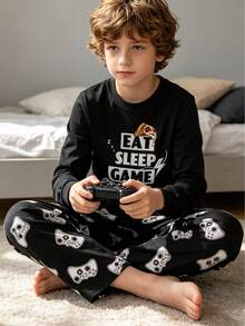 Boys English Alphabet Print Pajama Set, Crew Neck Long‑Sleeve Top & Game Controller Printed Elastic Long Pants, Soft Cozy Sleep Loungewear For Kids - Black - View 2