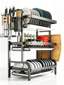 2-Tier Dish Drying Rack With Drainboard Set - Large Metal Dish Rack With Drainboard, Glass Holder, Utensil Holder And Additional Drainage System - Kitchen Accessory For Efficient Dish Drying And Organization - Multicolor - View 2