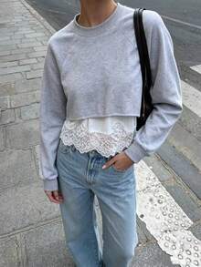 Camellia New Spring/Summer Women's Fashion Minimalist Lace Patchwork Cropped Sweatshirt Casual - Grey - View 2