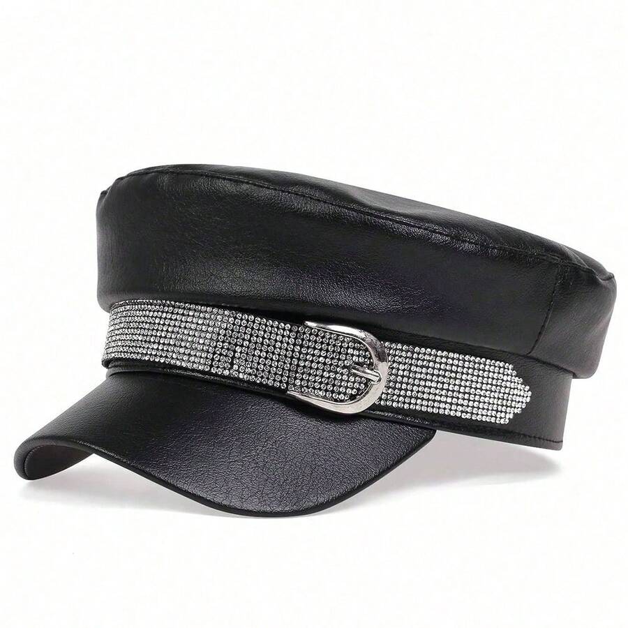 1pc Women's Metal Buckle Leather Cap - Black - View 1