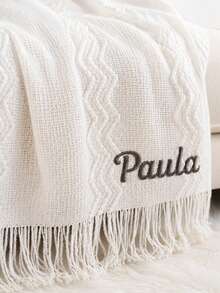 1PC Wavy Line Jacquard Knit Throw Blanket With Custom Embroidery, Customizable Text Detail Featuring Tassel Fringe Edge Trim, 3 Color Choices For Indoor Home Space, Home Accent Piece For Sofa Bed Living Area, Nice Holiday Gift Option For Family - Multicolor - View 4