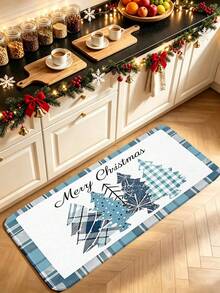 1pc Christmas Fresh Blue & White Plaid Christmas Tree Pattern Kitchen Mat, Soft & Comfortable Fabric, Thick & Padded, Easy To Clean & Washable, Foldable & Easy Care Carpet Mat, Suitable For Kitchen, Dining Room, Kitchen Carpet, Laundry Room Mat, Bathroom Carpet, Welcome Mat, Kitchen Carpet, Small Mat, Fashion Home, Christmas Home Gift Welcome Mat, Christmas Home Decor Foot Mat - Multicolor - View 1