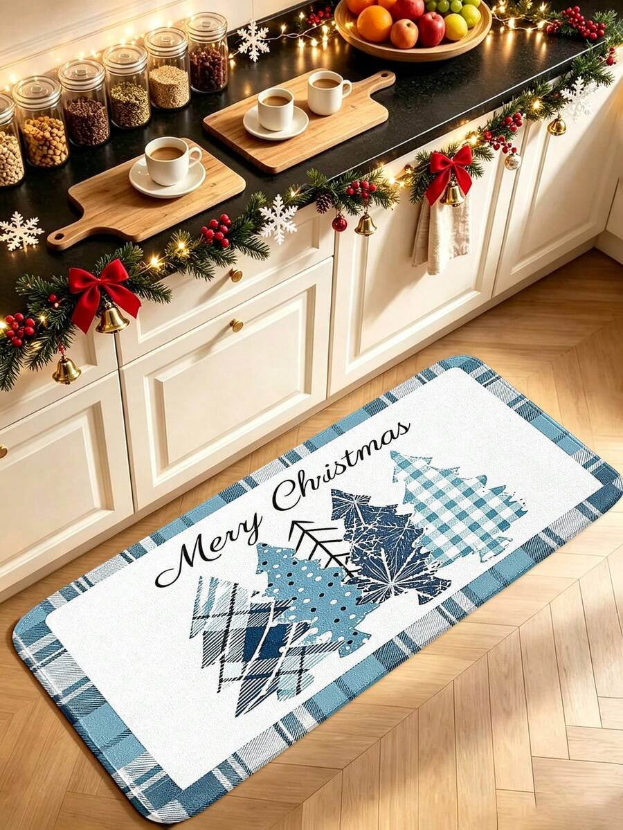 1pc Christmas Fresh Blue & White Plaid Christmas Tree Pattern Kitchen Mat, Soft & Comfortable Fabric, Thick & Padded, Easy To Clean & Washable, Foldable & Easy Care Carpet Mat, Suitable For Kitchen, Dining Room, Kitchen Carpet, Laundry Room Mat, Bathroom Carpet, Welcome Mat, Kitchen Carpet, Small Mat, Fashion Home, Christmas Home Gift Welcome Mat, Christmas Home Decor Foot Mat - Multicolor - View 1
