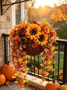 1 Set Autumn Artificial Sunflower & Morning Glory Vine - Rusty Orange & Red Mixed Tone Hanging Design, Suitable For Living Room And Halloween Home Decor - Orange - View 2