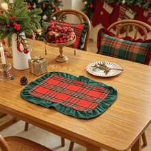 1pc Christmas Plaid Dual-Panel Velvet Fabric Ruffle Table Runner, Suitable For Christmas Holidays And Home Decor - Red Grid - View 11