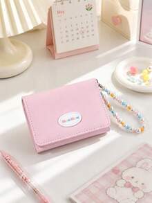 Cute Pink Cat PU Leather Wallet With Colorful Beaded Strap, Japanese Style Short Wallet, Multiple Card Slots, Zipper Coin Pocket, Women's Girls Mini Clutch - Pink - View 10