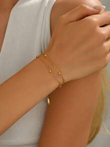 VceTd 1/2PCS Minimalist Vacation Style Asymmetrical Random Beads Chain Design Stainless Steel Women's Jewelry Set Suitable For Women's Daily Wear Or Vacation Wear Or Gift - Yellow Gold - View 4