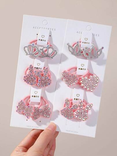 10pcs Girls Rhinestone Crown Rabbit Bow Heart Hair Ties, Simple Multi-Style High Ponytail Hair Bands, High Elasticity Durable Non-Damaging Hair Ropes, Suitable For Daily Use