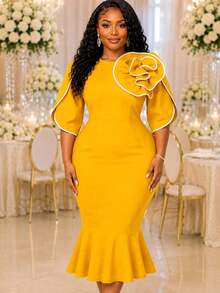 Women's Yellow Mermaid Mid-Length Dress, 3D Rose And Contrast Lace Details, Round Neck Petal Sleeves, Fitted Knit Fabric, Elegant Church Style - Yellow - View 2