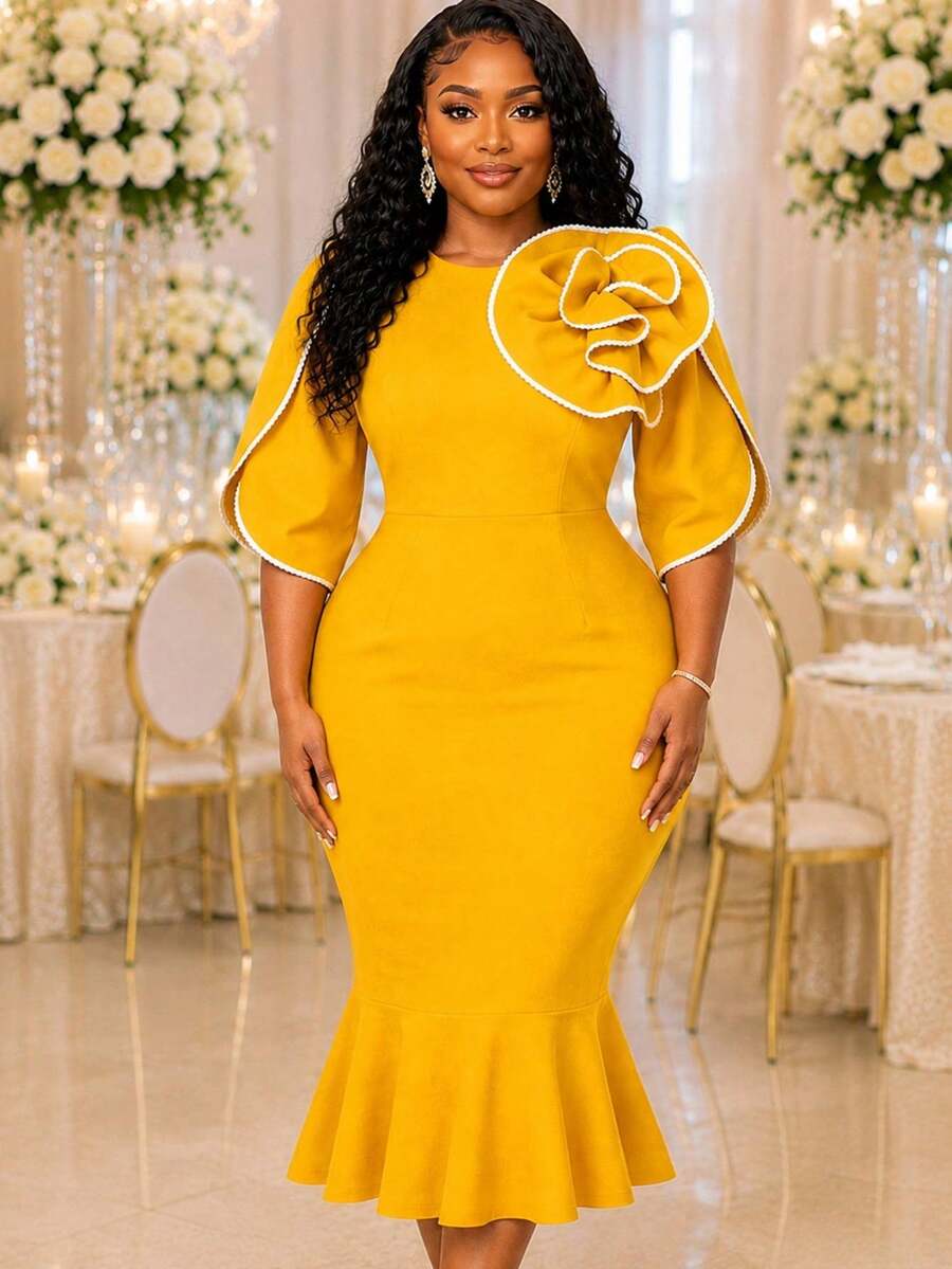 Women's Yellow Mermaid Mid-Length Dress, 3D Rose And Contrast Lace Details, Round Neck Petal Sleeves, Fitted Knit Fabric, Elegant Church Style