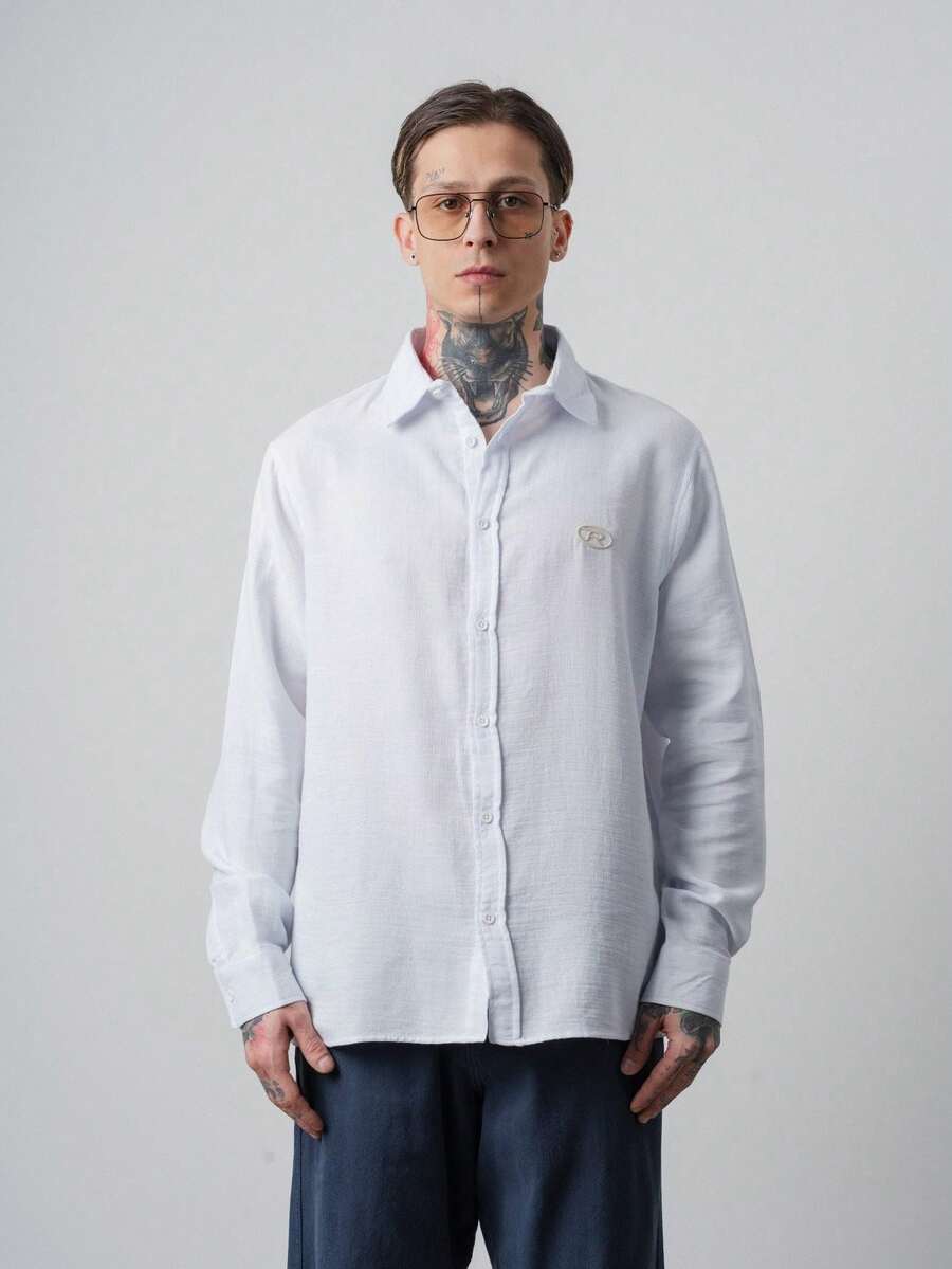 Men's Casual Embroidered Single-Breasted Long Sleeve Shirt - White - View 1