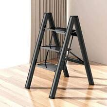3 Step Folding Metal Ladder, Heavy‑Duty Lightweight Step Stool, Non‑Slip Portable Ladder For Indoor Home And Outdoor DIY Work Use - 3-tier Black - View 7