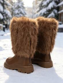 1 Pair Girls' Tall Snow Boots, Soft PU + Plush Warm Lining, Back Zipper ...