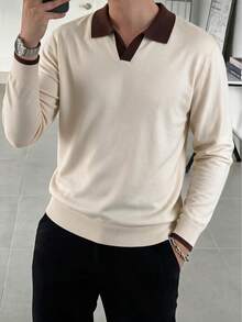 Men's Mercerized Patchwork Slim Fit Square Shoulder Airplane Collar Long Sleeve Sweater - Apricot - View 3