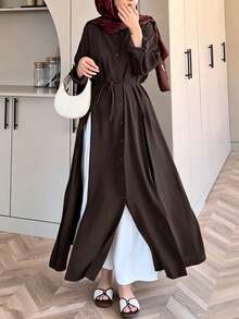 Women's Casual Minimalist Long Sleeve Collared Tie Waist High Slit Long Shirt Blouse, Solid Color Front Button Tie High Slit To Thigh, Suitable For Commute, Daily Wear And Dating - Brown - View 2
