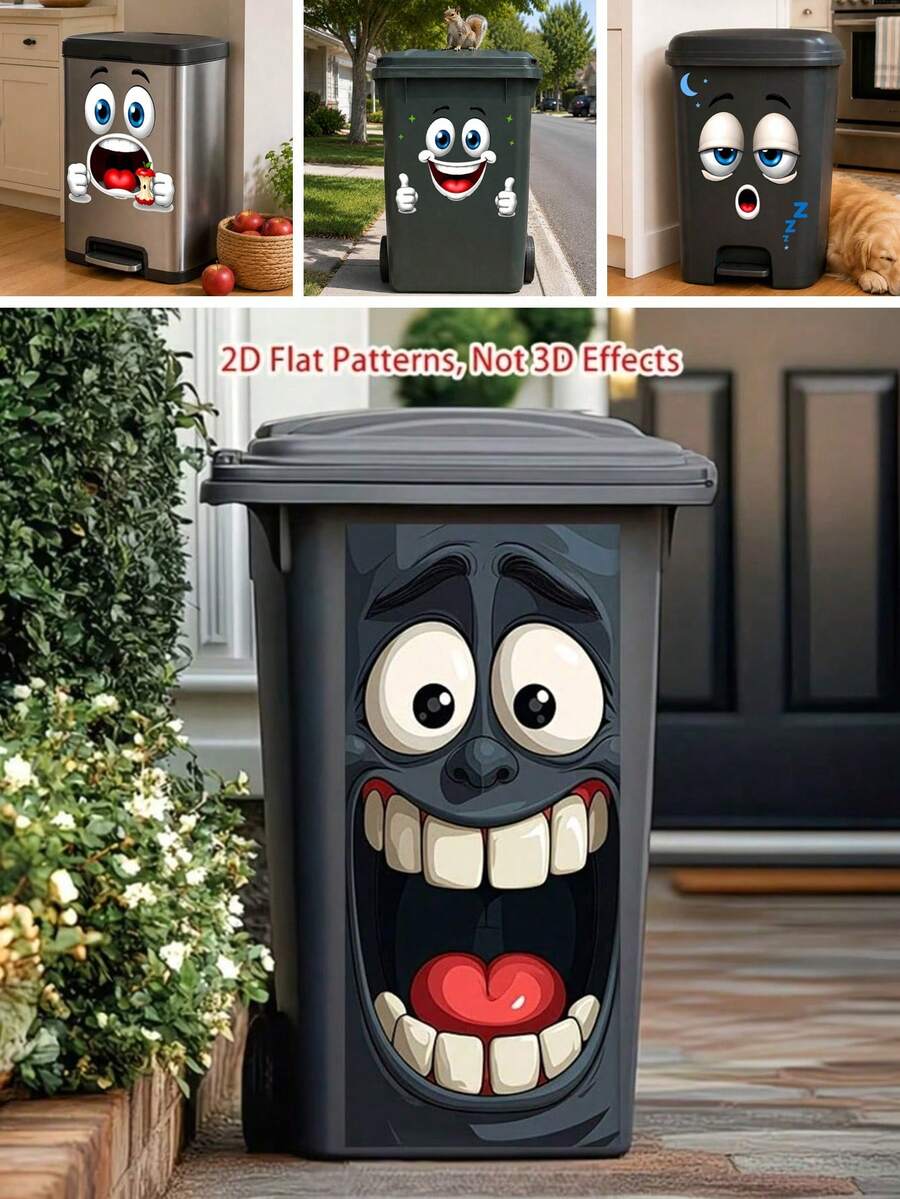 Funny Cartoon Big Mouth Face Trash Can Sticker, Waterproof Removable Vinyl Trash Can Decal, 2D Flat Pattern Outdoor Yard Porch Trash Can Decoration, DIY Peel And Stick Creative Home Garden Cabinet Decor - Face Trash Can Stickers - View 1