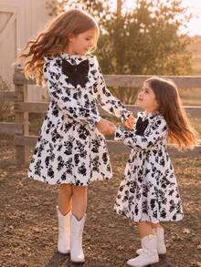 Tween Girls Kids Autumn/Winter Black Floral Print Bow Contrast Color Ruffle Hem Loose Doll Style Cute Casual Vacation Street Daily Wear Short Long Sleeve Dress - Multicolor - View 1