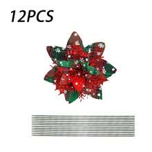 3/12/24pcs Christmas Artificial Poinsettia Branch, Red Green Plaid Fake Flower With Stem, No Clip Floral Pick For Holiday Decor - Red - View 9