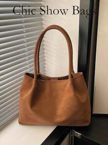 Tas Tote Bahu Lembut Wanita, Tas Hobo Terbuka, Warna Polos Kapasitas Besar, Gaya Minimalis Netral, Cocok Untuk Perjalanan dan Komuter Sehari-hari Wanita, Sepanjang Musim - Coklat - View 10