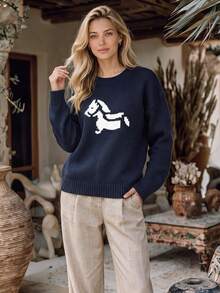 NiceArt Women's Cute Horse Pattern Jacquard Knit Sweater, Round Neck Drop Shoulder Long Sleeve Loose Fit, Vintage Fashion, Suitable For Autumn/Winter Daily Wear - Navy Blue - View 7