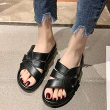 Sandalias de suela gruesa con talón de mujer,zapatillas de casa de un solo color para mujer, antideslizantes y resistentes al desgaste, ideales para madres de mediana edad - Negro - Ver 6