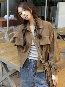 YUXIN Corduroy Women's Jacket - Elegant Lapel, Casual Button Front, Solid Color, Machine Washable, Suitable For Autumn/Winter - Brown - View 2