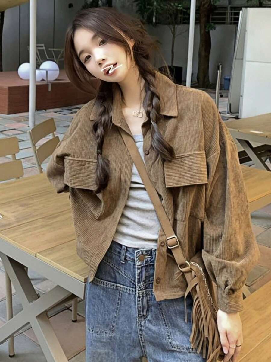 YUXIN Corduroy Women's Jacket - Elegant Lapel, Casual Button Front, Solid Color, Machine Washable, Suitable For Autumn/Winter