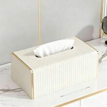 PU Leather Striped Tissue Box, Nordic Luxury Hotel Style, Gold Trim Tissue Box, Creative Large Size Tissue Box For Living Room And Bedroom, Mother's Day Gift - Multicolor - View 8