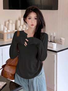 Women's V-Neck Long Sleeve Fitted Knit Sweater, Autumn/Winter Style, Simple Casual, Suitable For Daily Commute, Long Sleeve Top - Black - View 3