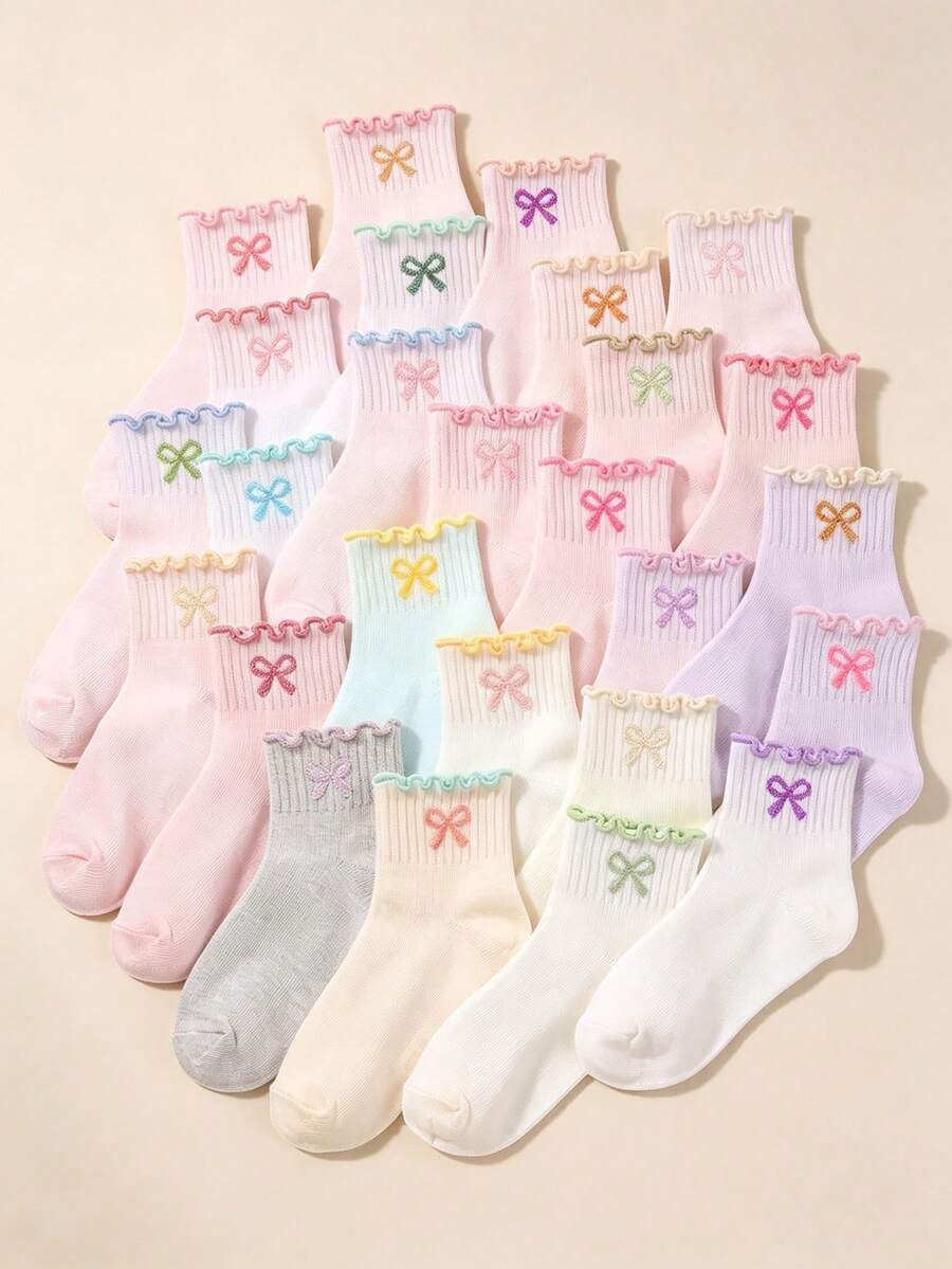 5/10/20 Pairs Toddler Girls Cute Pastel Ruffle Mid-Calf Socks With Bow ...