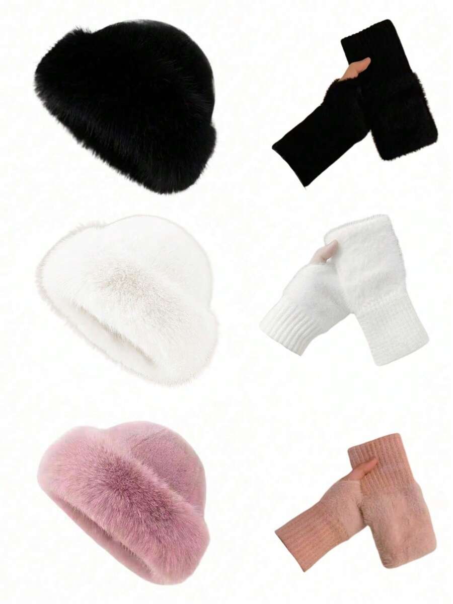 Set Topi dan Sarung Tangan Bulu Halus Musim Dingin Wanita 2 Buah, Memadukan Gaya Eropa dan Korea, Topi Hangat Tebal Berwarna Polos, Menggabungkan Kepraktisan dan Keserbagunaan, Cocok untuk Berbagai Acara