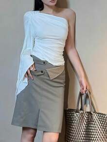 Top Dazzle Fashionable Knitted Asymmetrical Neck Women's Top With Single Long Sleeve & Ruched Detailing - White - View 5