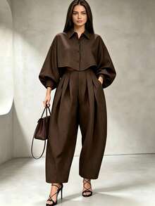 IGKEEL Plus Size Women Solid Color Lantern Sleeve Single-Breasted Shirt And Pleated Tapered Pants Elegant Set Suitable For Office And Commuting - Coffee Brown - View 2