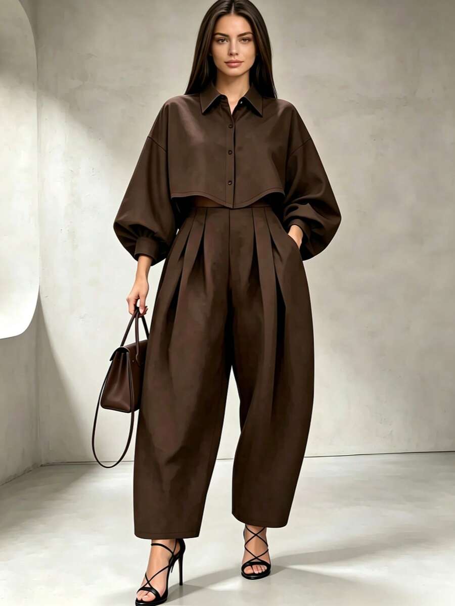 IGKEEL Plus Size Women Solid Color Lantern Sleeve Single-Breasted Shirt And Pleated Tapered Pants Elegant Set Suitable For Office And Commuting