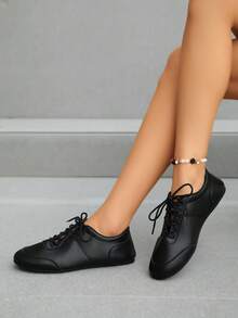 Vintage Patchwork Lace-Up Casual German Trainer Slip-On Shoes, Soft Sole Lightweight Women's Shoes For Daily Commute And Leisure, All-Season Soft Sole Fashion Versatile Flat Shoes, Wide Toe Box Women's Shoes - Black - View 5