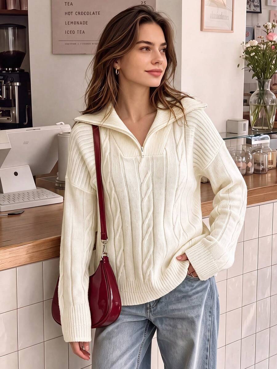 Women Fall Cream Half‑Zip Collar Cable Knit Sweater, Drop‑Shoulder Loose Long Sleeve Cropped Pullover For Daily Commute Casual Street Outfits - Apricot - View 1