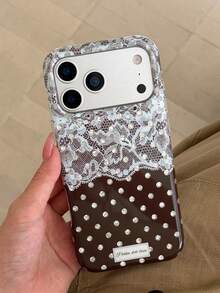1PC Ins Autumn Maillard Vintage Brown Polka Dot Lace IMD Full Coverage Anti-Drop PC Phone Case Compatible With Apple 11 Pro Max/12 Pro Max/13 Pro Max/14 Pro Max/15 Pro Max/16 Pro Max/17 Pro Max/18 Pro Max - Multicolor - View 1