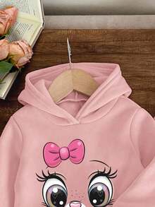 Young Girls Cartoon Print Hooded Warm Sweatshirt And Pants Set - Pink - View 3