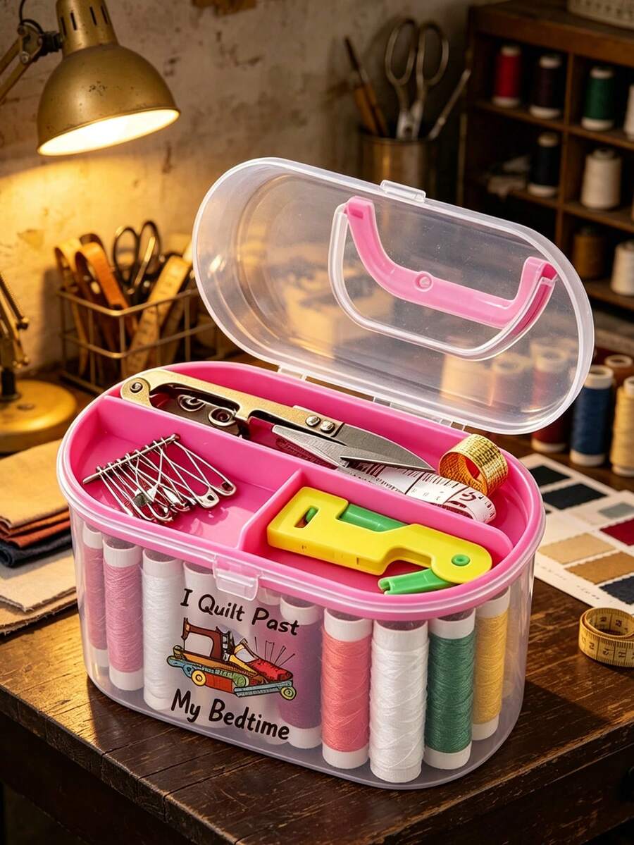 Handicraft And Sewing Tool Storage. Craft Storage Container Sewing Supplies Storage Rack Double-Wall Bucket Rotating Handle Gift Box Portable Basic Sewing Repair Kit. Sewing Tool Bag Tool Box, Sewing Box Needle Thread Tape Measure Scissors Thimble Tool Bag Tool, Suitable For Children, Adults, Travel, Home Repair (Pink). - Pink - View 1