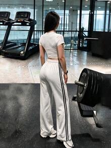 Women's Side Double Stripe Straight Leg Sweatpants, Elastic Waist Drawstring Loose Drape Casual Long Pants - Light Grey - View 5